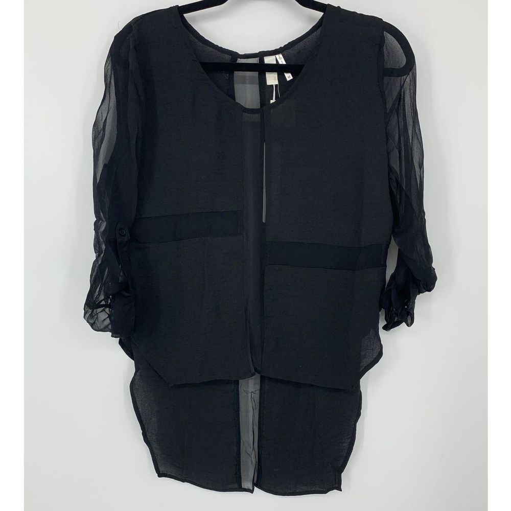 New line & dot black silk sheer hi-lo blouse M